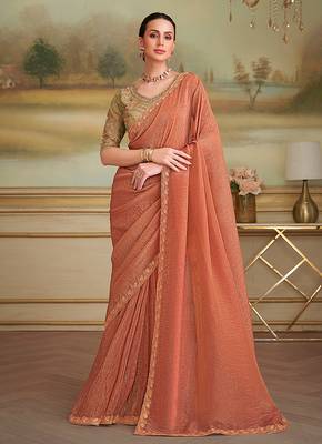 Dark peach gold faux georgette embroidered border saree 1