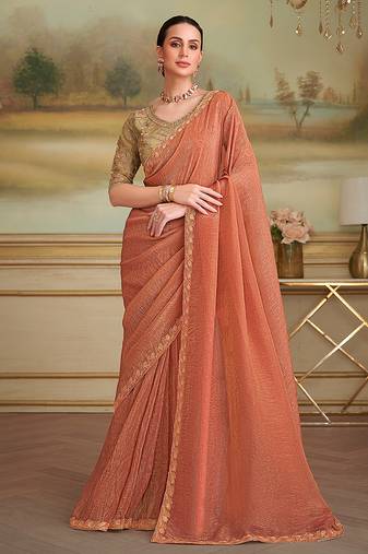 Dark peach gold faux georgette embroidered border party trendy saree