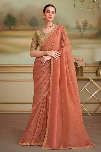 Dark peach gold faux georgette embroidered border party trendy saree