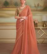 Dark peach gold faux georgette embroidered border saree