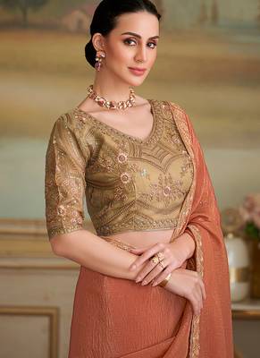 Dark peach gold faux georgette embroidered border saree 2