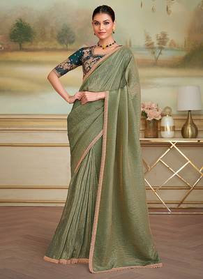 Pista green gold faux georgette embroidered border saree 1