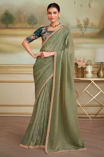 Pista green gold faux georgette embroidered border party trendy saree