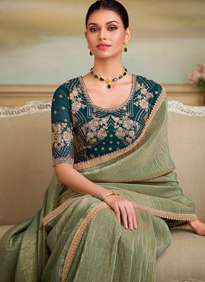 Pista green gold faux georgette embroidered border saree 2