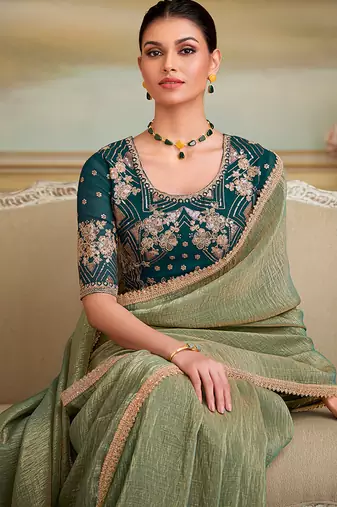Pista green gold faux georgette embroidered border saree