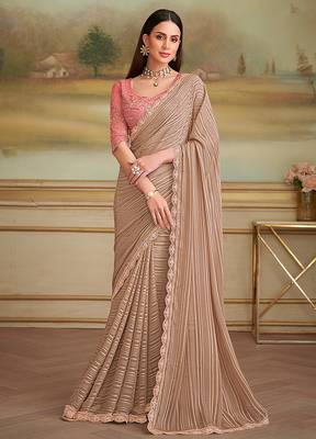 Chiku gold satin faux georgette embroidered border saree 1
