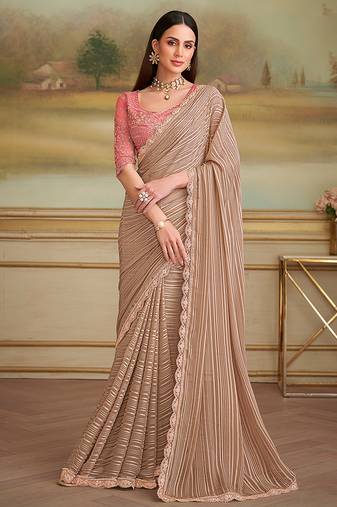 Chiku gold satin faux georgette embroidered border party trendy saree