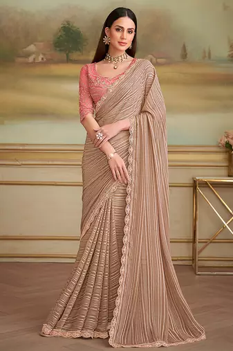 Chiku gold satin faux georgette embroidered border party trendy saree