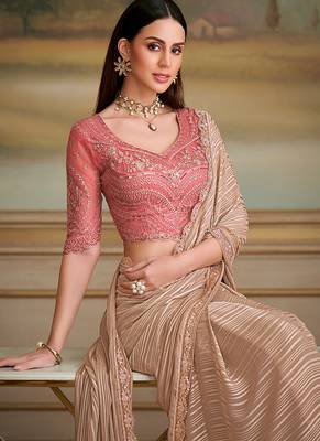 Chiku gold satin faux georgette embroidered border saree 2
