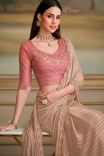 Chiku gold satin faux georgette embroidered border saree
