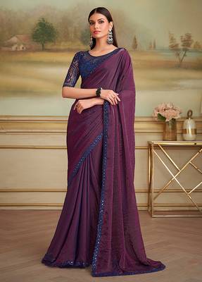 Dark purple twin shaded faux georgette embroidered border saree 1
