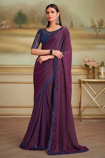 Dark purple twin shaded faux georgette embroidered border party trendy saree