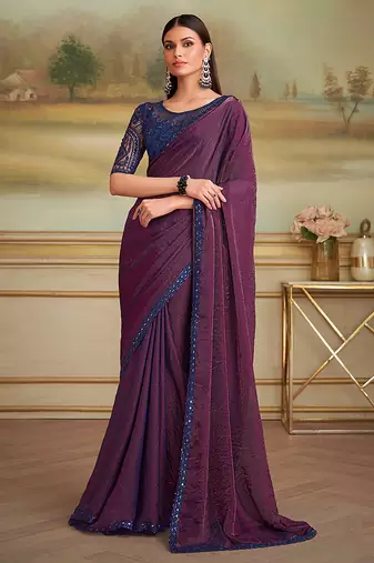 Dark purple twin shaded faux georgette embroidered border party trendy saree