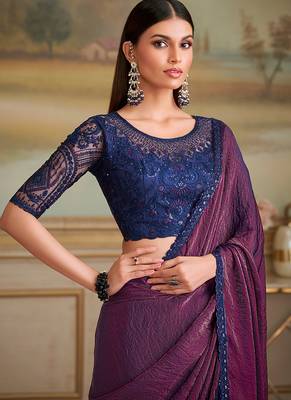 Dark purple twin shaded faux georgette embroidered border saree 2