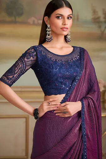 Dark purple twin shaded faux georgette embroidered border saree