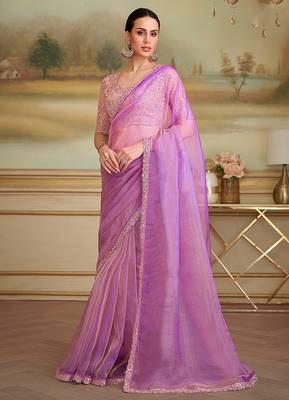 Lilac tissue faux georgette embroidered border saree 1
