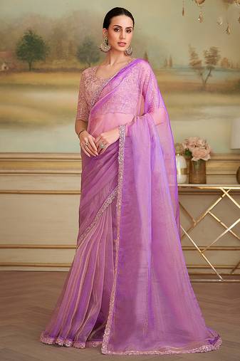 Lilac tissue faux georgette embroidered border party trendy saree