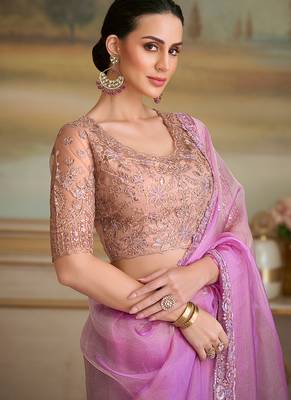 Lilac tissue faux georgette embroidered border saree 2
