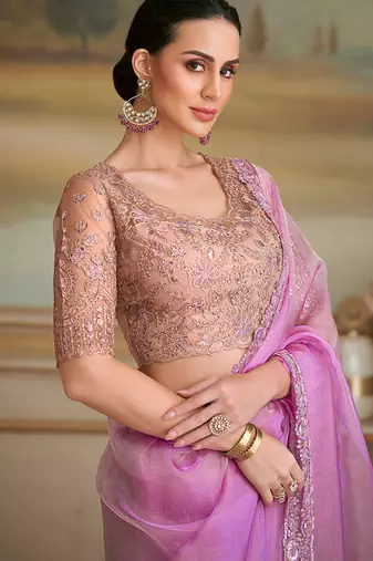 Lilac tissue faux georgette embroidered border saree