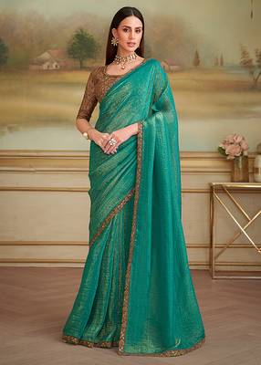 Turquoise gold faux georgette embroidered border saree 1