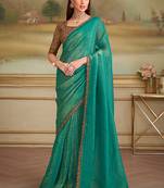 Turquoise gold faux georgette embroidered border saree