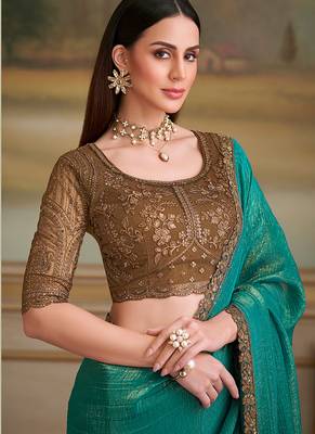Turquoise gold faux georgette embroidered border saree 2