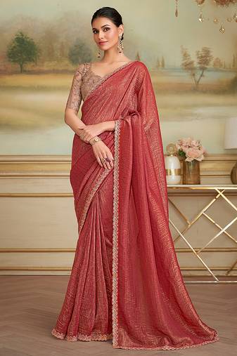 Rust gold faux georgette embroidered border party trendy saree