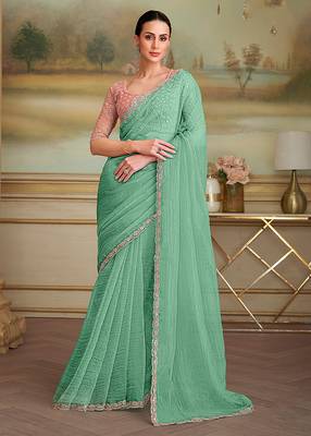 Sea green tissue faux georgette embroidered border saree 1