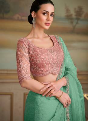 Sea green tissue faux georgette embroidered border saree 2