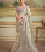 Beige faux georgette embroidered border saree