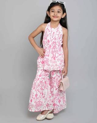 Pink ikat printed soft crepe kids halter neck top with flared pants co-ord set | stylish summer casual wear for girls 1