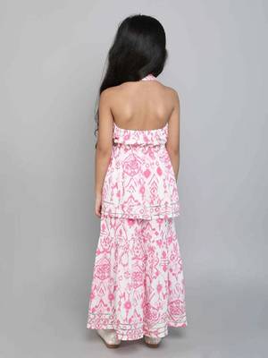 Pink ikat printed soft crepe kids halter neck top with flared pants co-ord set | stylish summer casual wear for girls 2