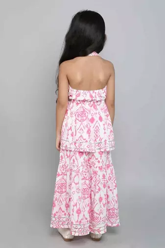 Pink ikat printed soft crepe kids halter neck top with flared pants co-ord set | stylish summer casual wear for girls