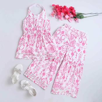 Pink ikat printed soft crepe kids halter neck top with flared pants co-ord set | stylish summer casual wear for girls 3