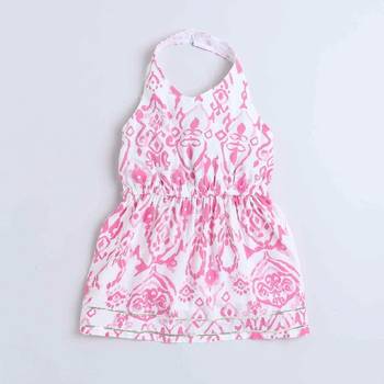 Pink ikat printed soft crepe kids halter neck top with flared pants co-ord set | stylish summer casual wear for girls 4