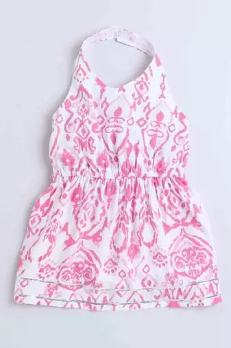 Pink ikat printed soft crepe kids halter neck top with flared pants co-ord set | stylish summer casual wear for girls