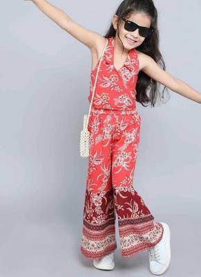 Red floral printed soft crepe kids halter neck top with flared palazzo pants co-ord set | stylish summer casual wear 1