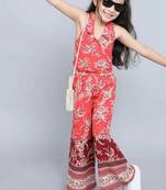 Red floral printed soft crepe kids halter neck top with flared palazzo pants co-ord set | stylish summer casual wear