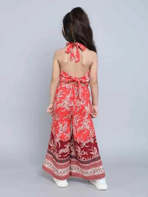 Red floral printed soft crepe kids halter neck top with flared palazzo pants co-ord set | stylish summer casual wear 2
