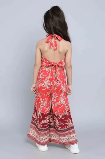 Red floral printed soft crepe kids halter neck top with flared palazzo pants co-ord set | stylish summer casual wear