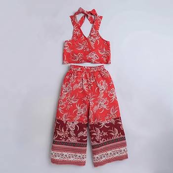 Red floral printed soft crepe kids halter neck top with flared palazzo pants co-ord set | stylish summer casual wear 3