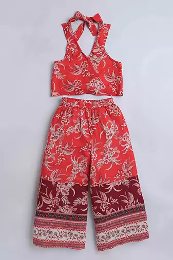 Red floral printed soft crepe kids halter neck top with flared palazzo pants co-ord set | stylish summer casual wear