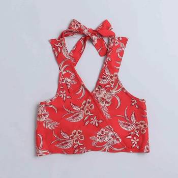 Red floral printed soft crepe kids halter neck top with flared palazzo pants co-ord set | stylish summer casual wear 4