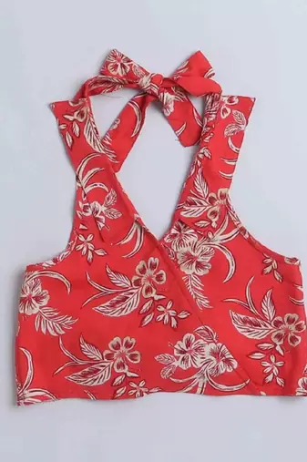 Red floral printed soft crepe kids halter neck top with flared palazzo pants co-ord set | stylish summer casual wear