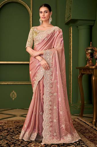 Peach faux satin georgette silk embroidered designer occasion wear saree