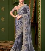 Grey faux satin georgette silk embroidered designer occasion wear saree
