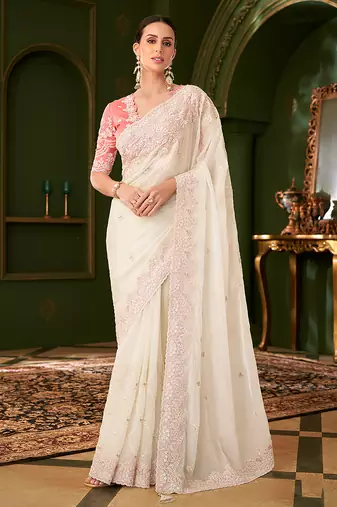 Faux georgette silk party wear saree white color with embroidery work