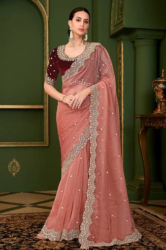 Peach color tissue faux georgette silk embroidered saree with heavy work blouse