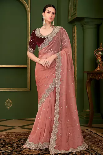 Peach color tissue faux georgette silk embroidered saree with heavy work blouse