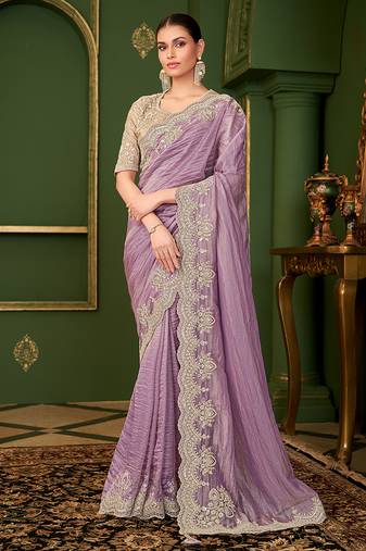 Lavender color viscose faux georgette silk embroidered saree with heavy work blouse